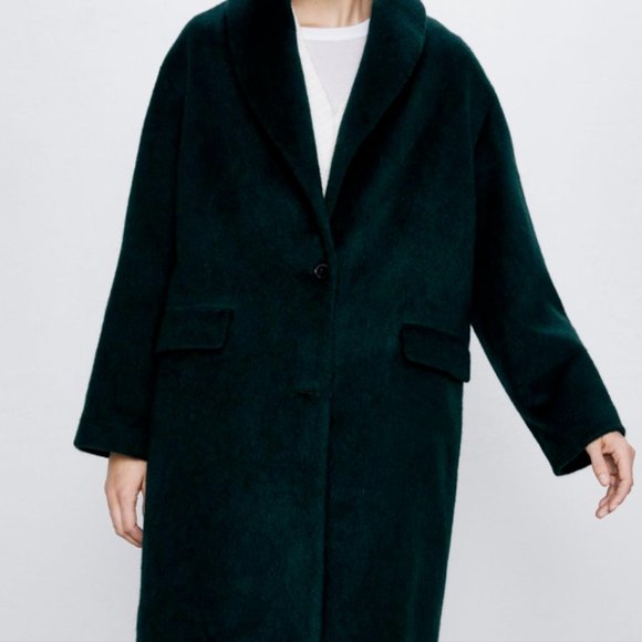 Zara Womens Green Long Coat Jacket Shawl Collar M - Picture 7 of 14